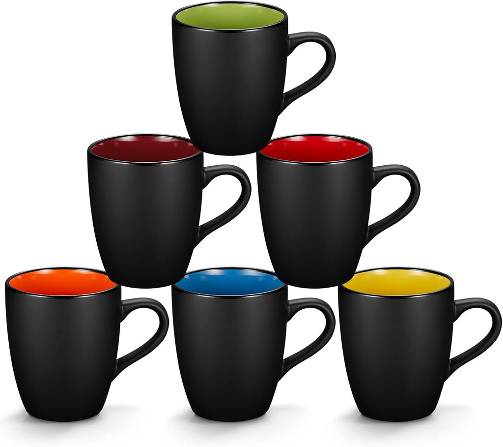 Premium 6-Pack Ceramic Coffee Cups – Matte Black with Color Interior