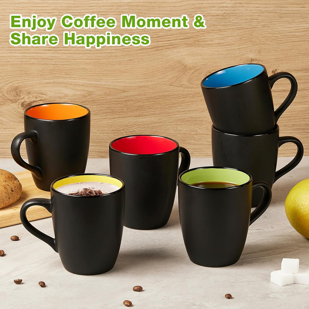 Premium 6-Pack Ceramic Coffee Cups – Matte Black with Color Interior