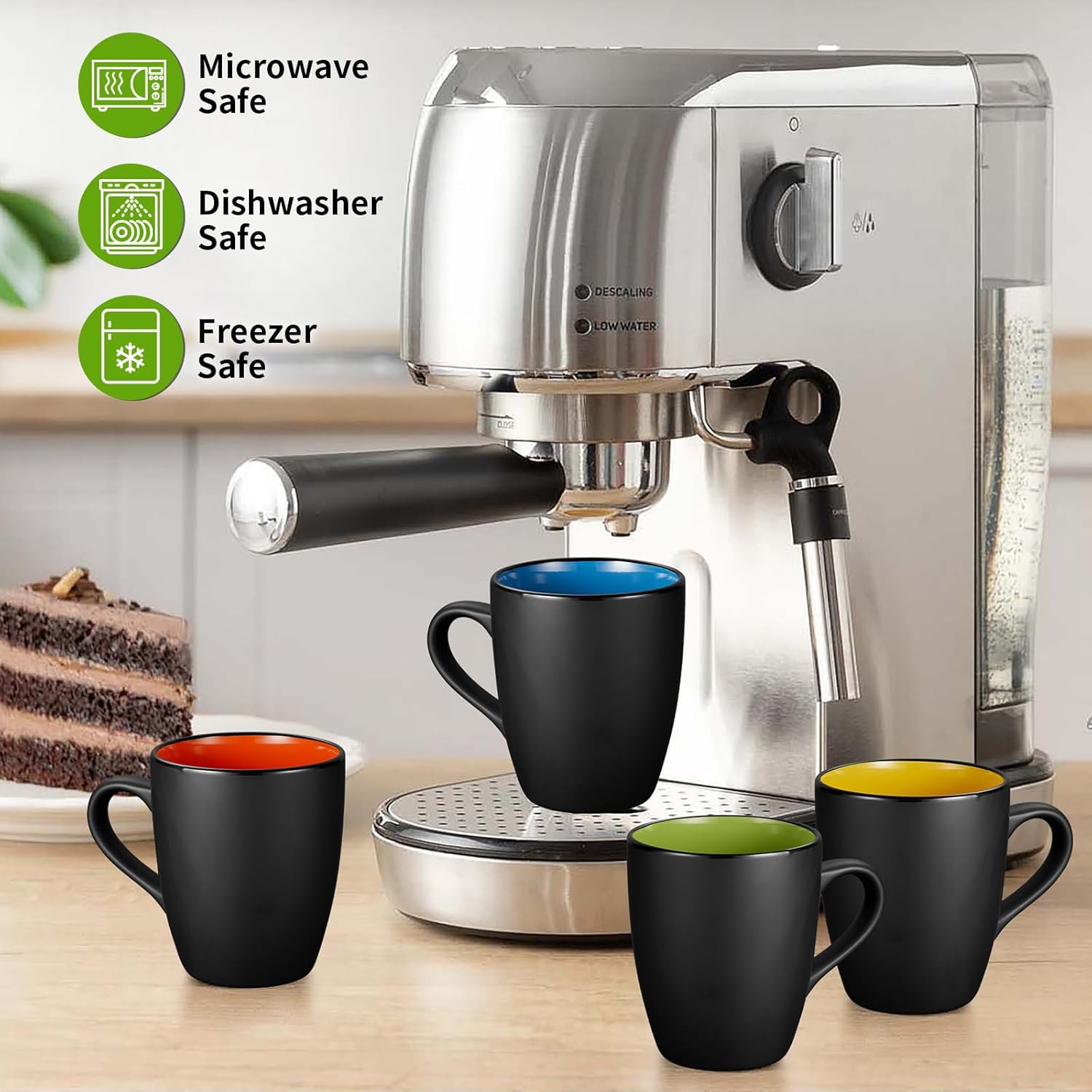 Premium 6-Pack Ceramic Coffee Cups – Matte Black with Color Interior