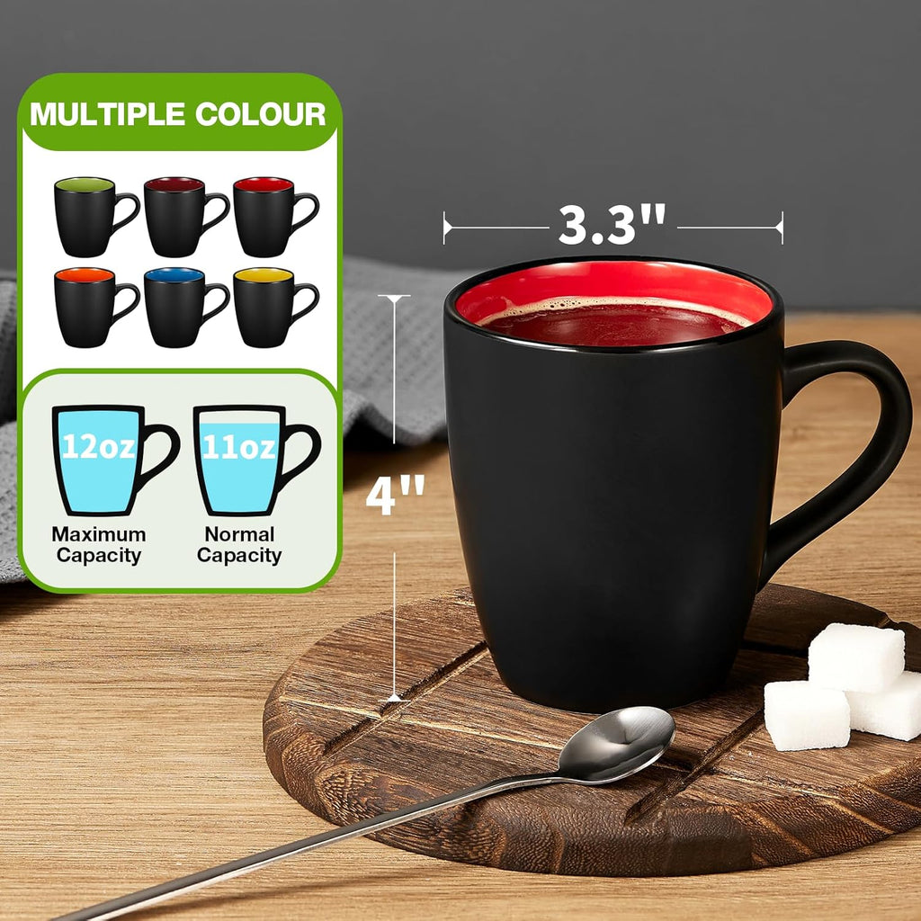 Premium 6-Pack Ceramic Coffee Cups – Matte Black with Color Interior