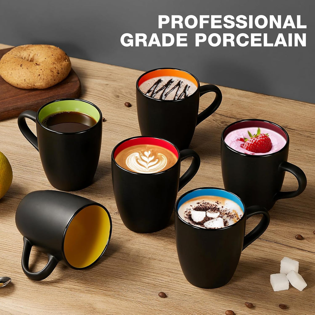 Premium 6-Pack Ceramic Coffee Cups – Matte Black with Color Interior
